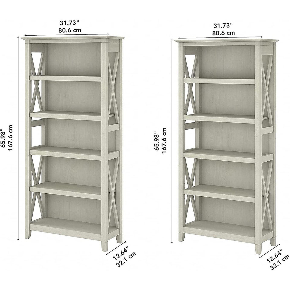 Linen White Oak 5 Shelf Bookcase Set 2 Tall 66H 32W 13D