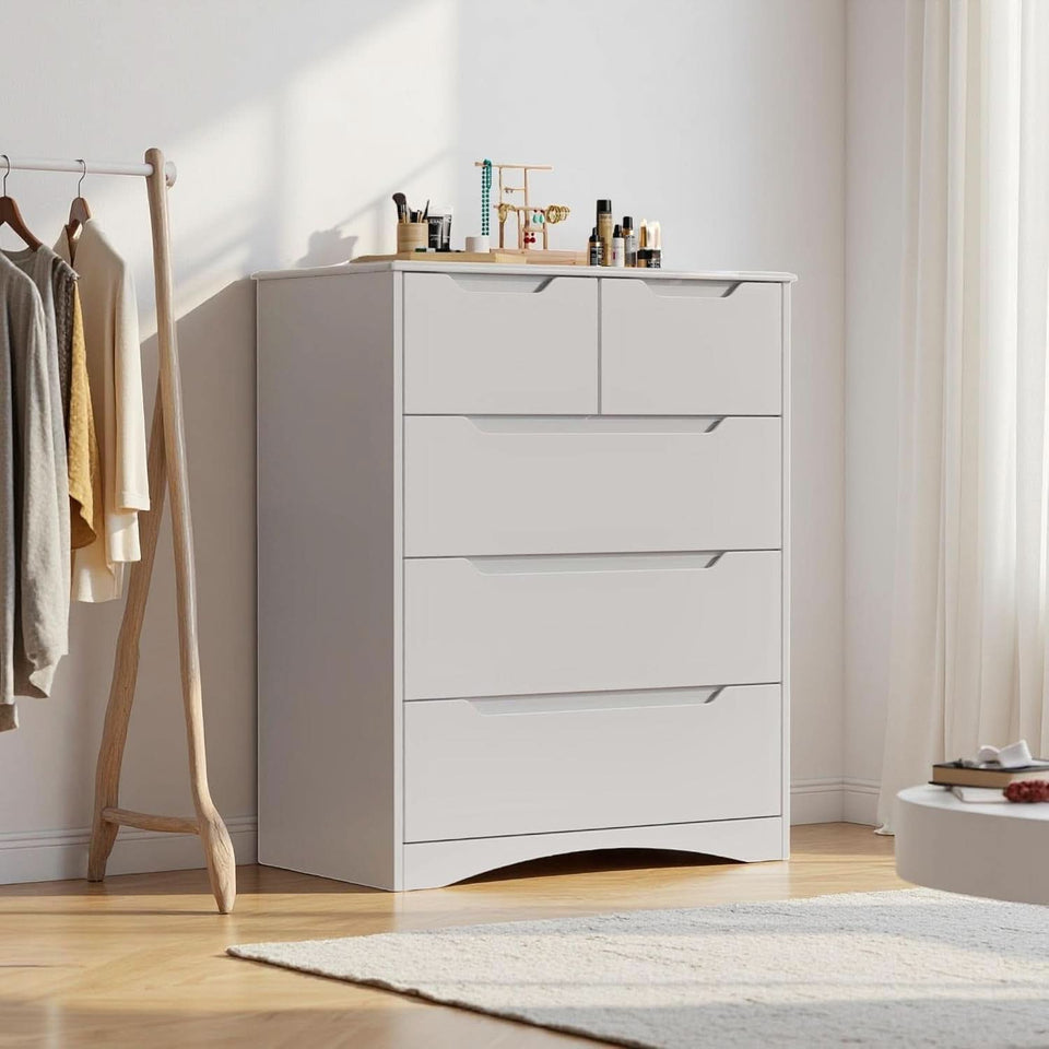 White Five Drawer Dresser With Premium StorageSpace