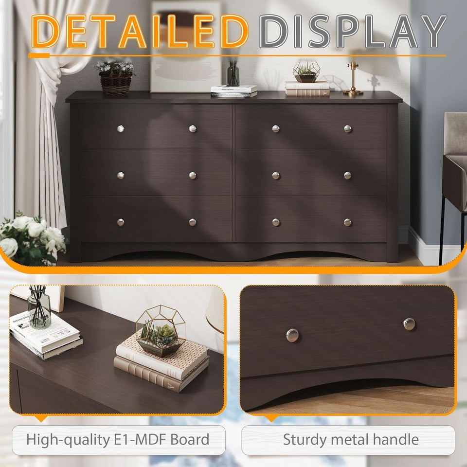 6 Drawer Dresser And TV Stand For 65 Inch TV Brown