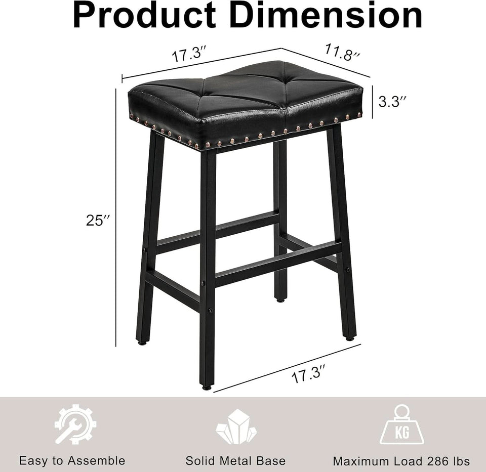 25 Inch Counter Height Bar Stools Set Of 2 In Black With PU Upholstered Saddle Seats For Comfort