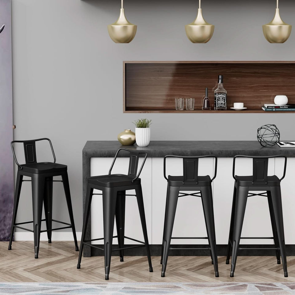 26 Inch Black Industrial Metal Bar Stools Set Of 4 For Indoor Outdoor Weather Resistant Ergonomic Comfort