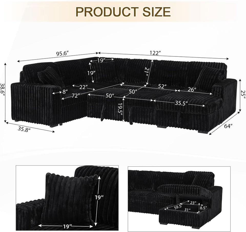 Black 122Inch U Shaped Sleeper Sectional USB Charging Ports
