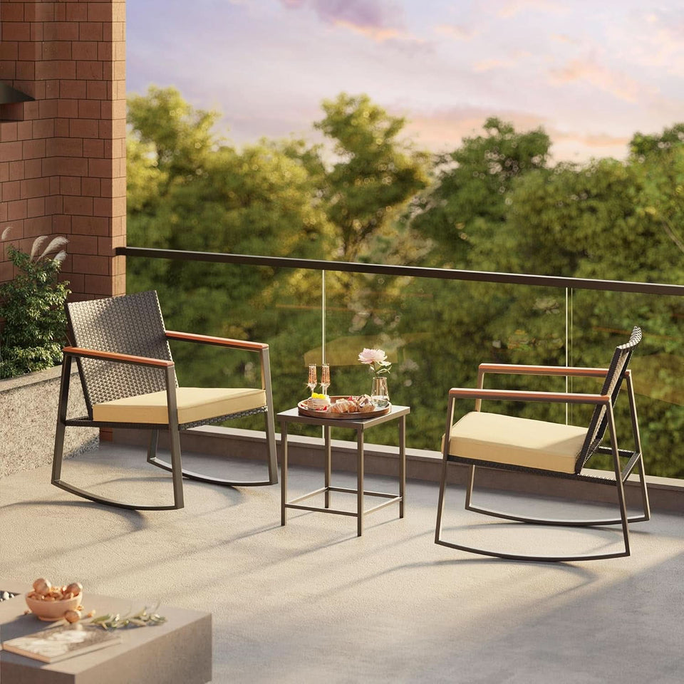 3 Piece Rocking Patio Bistro Set With Anti Scald Armrests Glass Table Cushions Outdoor Wicker Furniture