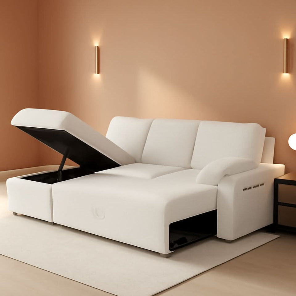 Sleeper Sofa Bed With Storage Chaise In White Boucle