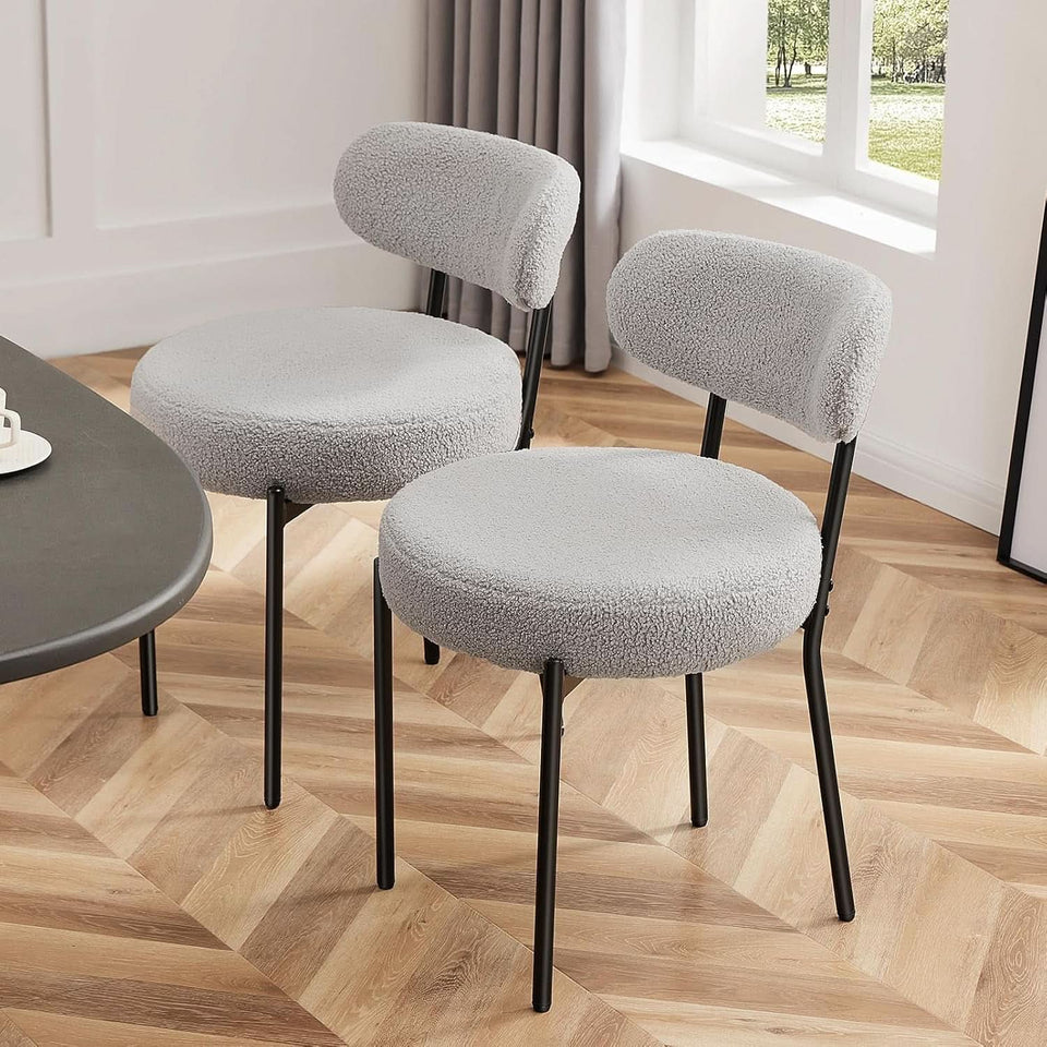 Boucle Upholstered Dining Chairs Set Of 4 With Curved Backrest Metal Legs Grey