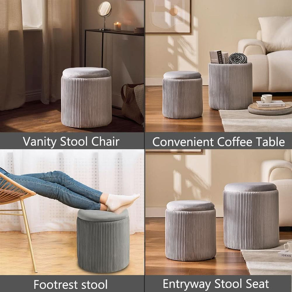 Round Velvet Storage Ottoman Collection Light Grey