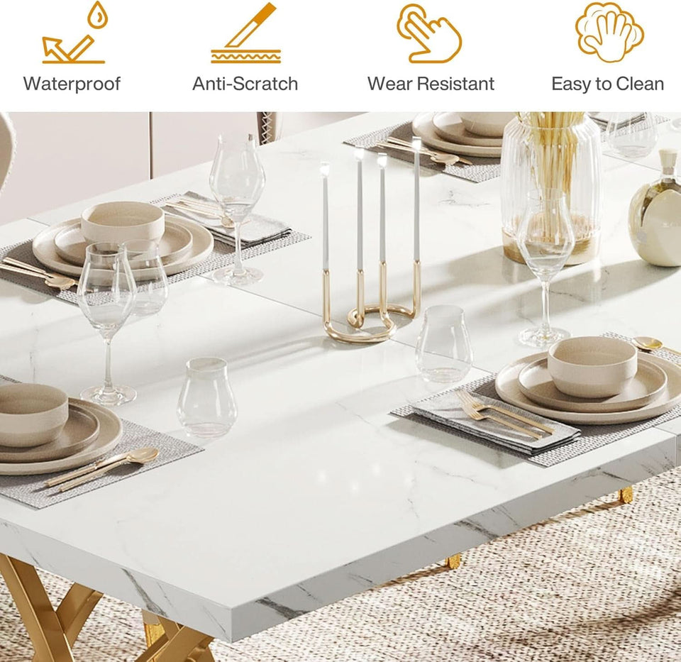 63 Inch Dining Table With Faux Marble Top For Kitchen And Dining Room
