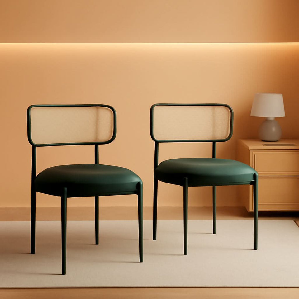 Green Rattan Backrest Mid Century Dining Chairs Set Of 2