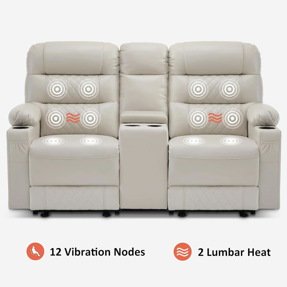Power Recliner Loveseat With Console And Heat Vibration USB Light Grey