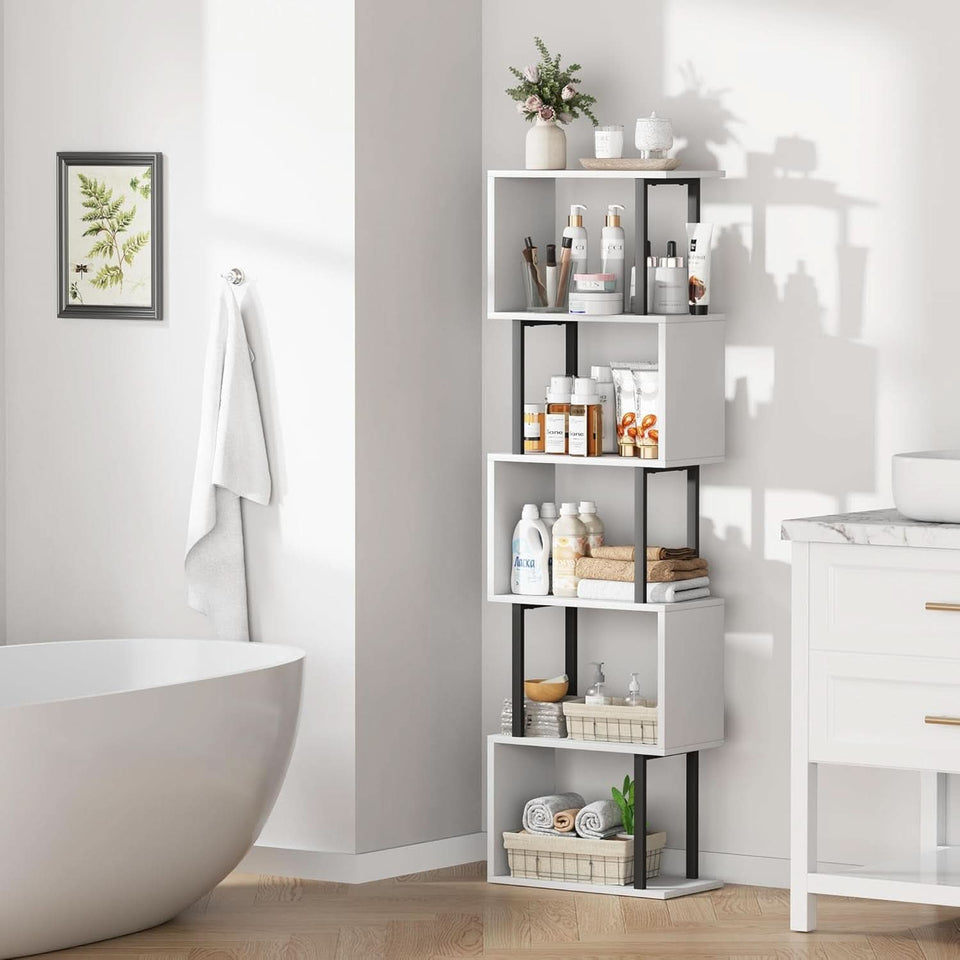Five Tier Bookshelf White Bookcase Living Room Furniture