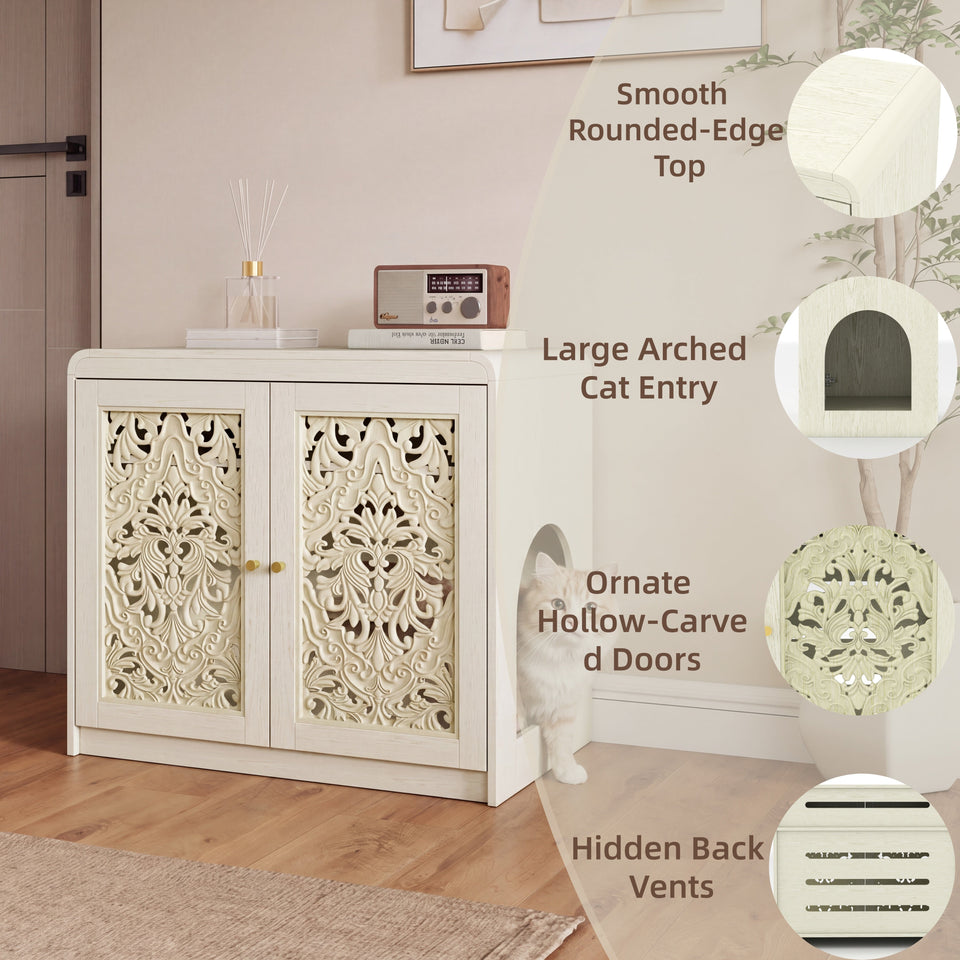 Antique White Pet Litter Box Cabinet with Ventilation - Engineered Wood