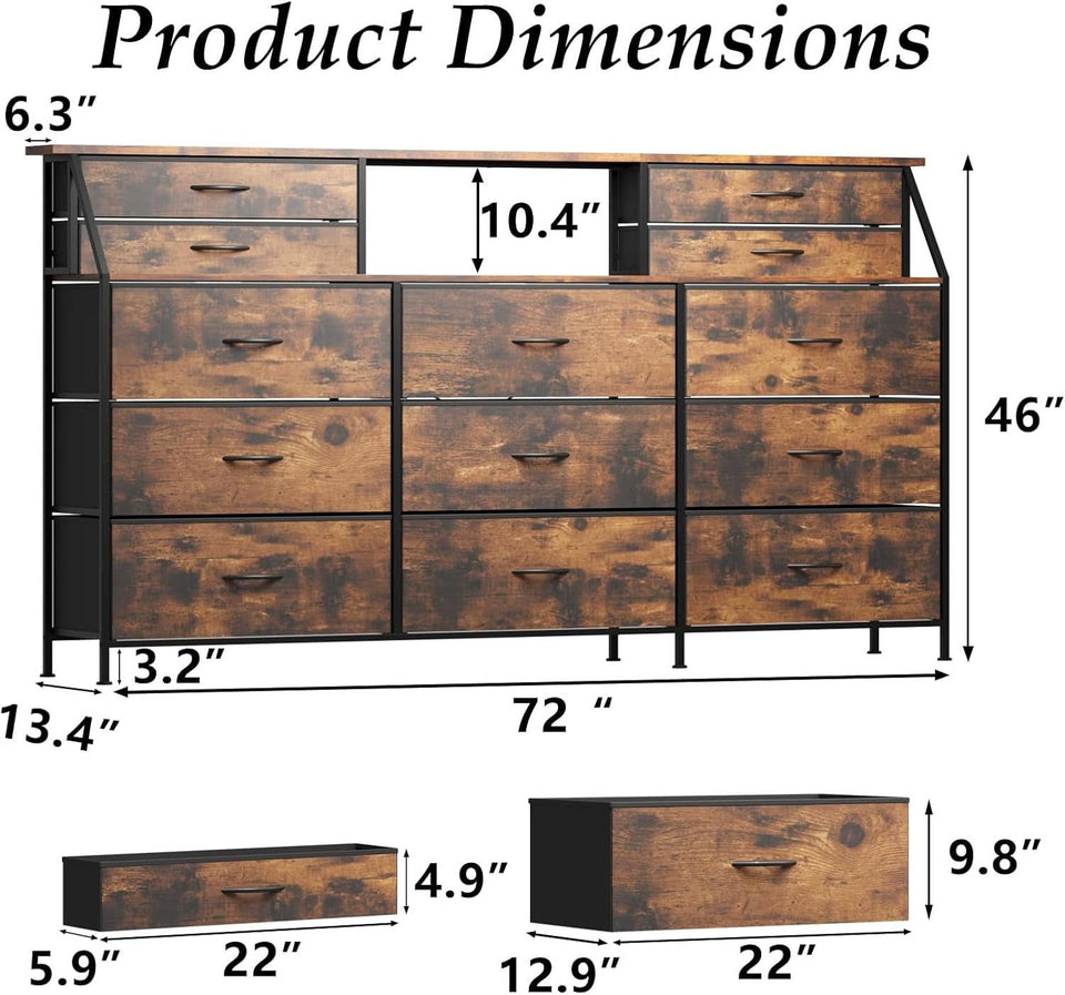 SeventyTwoInch Wide Dresser With Fabric Drawers RusticBrownWoodTop