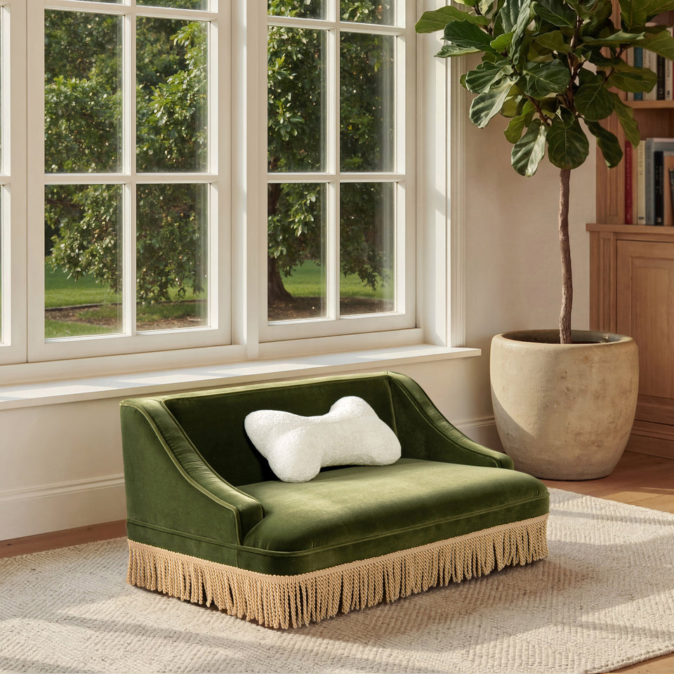 Olive Green Velvet Princess Pet Bed Sofa with Fringe Skirt - Medium