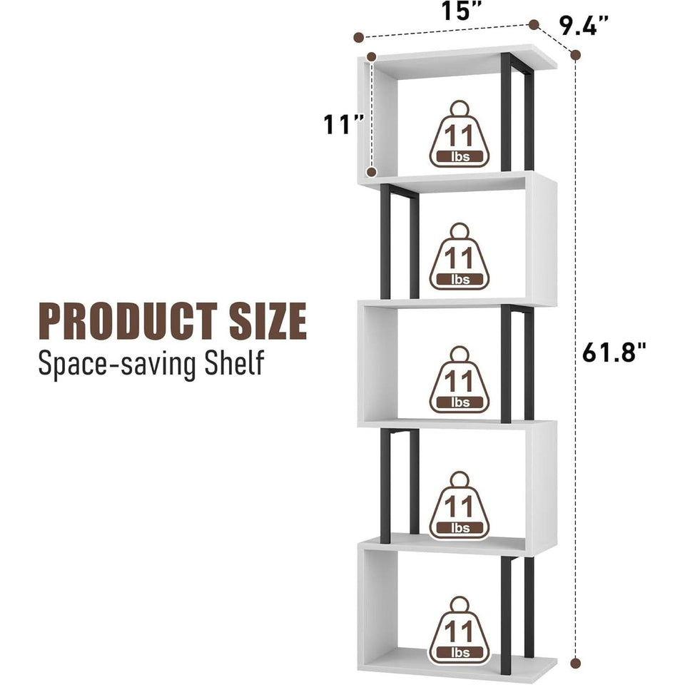 Five Tier Bookshelf White Bookcase Living Room Furniture