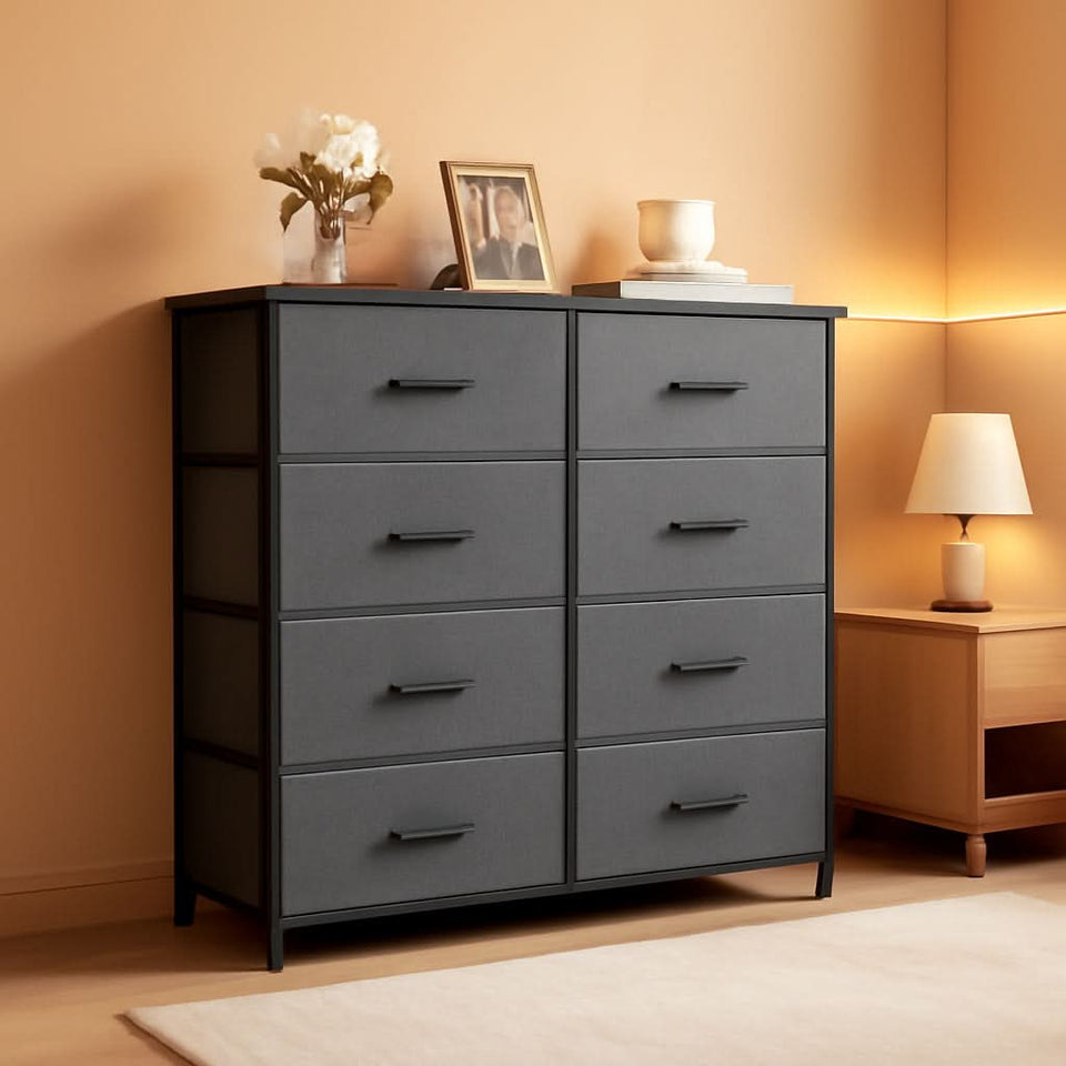Tall Dresser With 8 Drawers And Fabric Bins For Bedroom