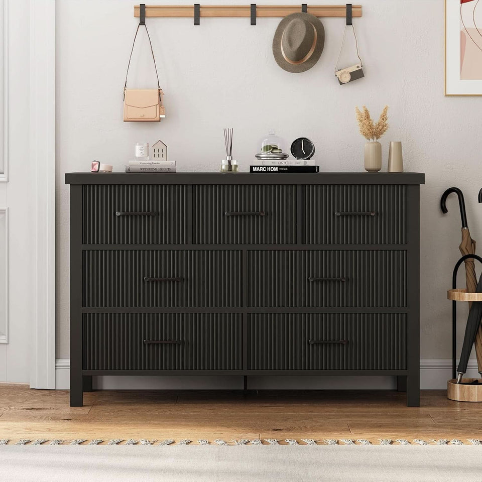 Fluted Contemporary White Dresser With Black Handles