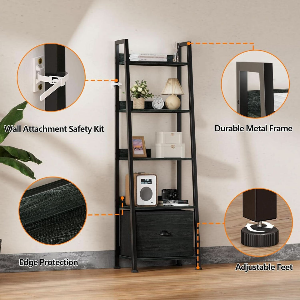 5 Tier Ladder Shelf With Drawer Narrow Black Oak Finish