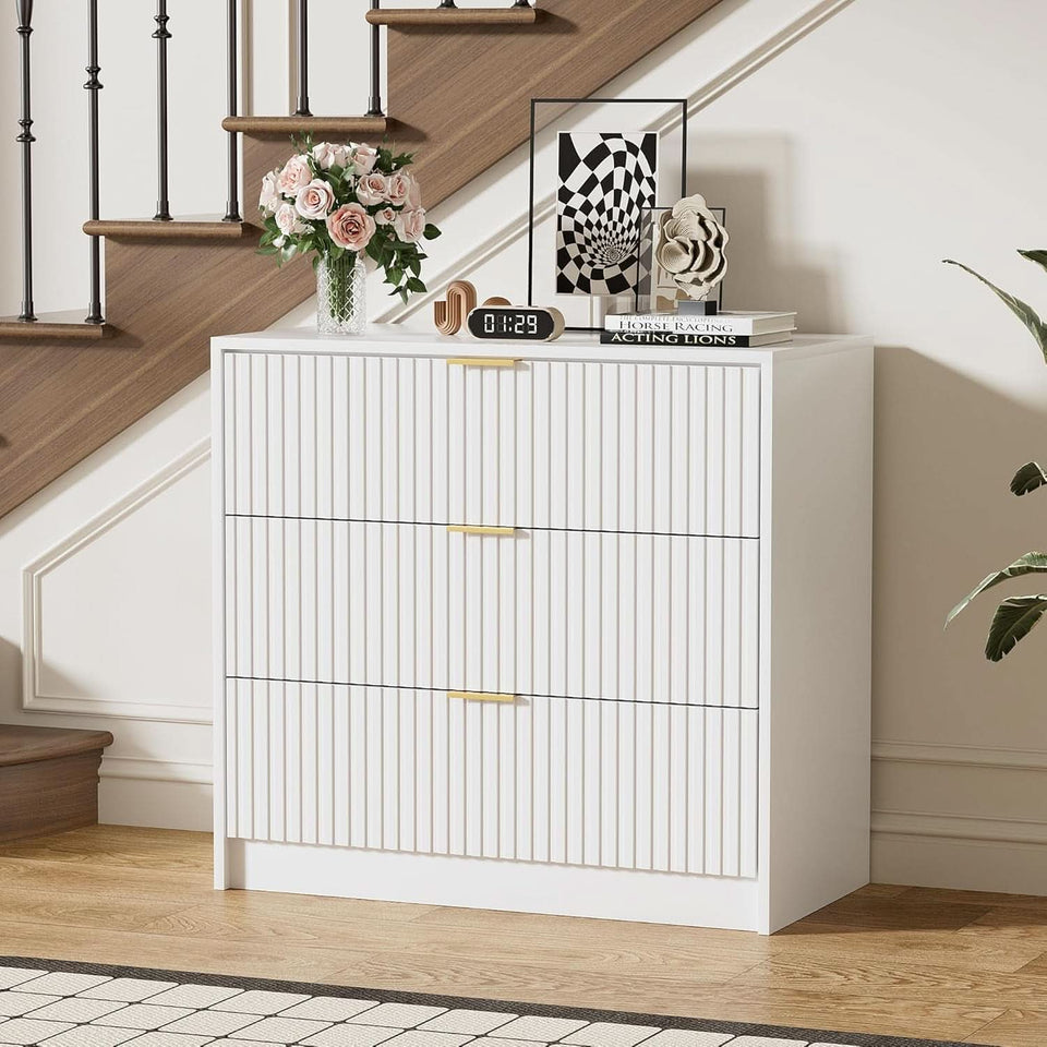 white fluted dresser Stria 6-Drawer & 2 Wide Nightstands Set With four spacious drawers Fluted Accent 6 Drawer Dresser,