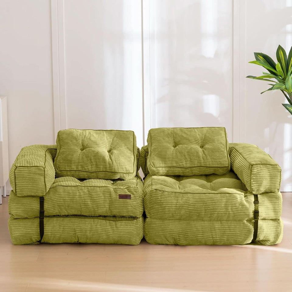 Green L Shaped Convertible Sofa Bed With Armrest And Pillow