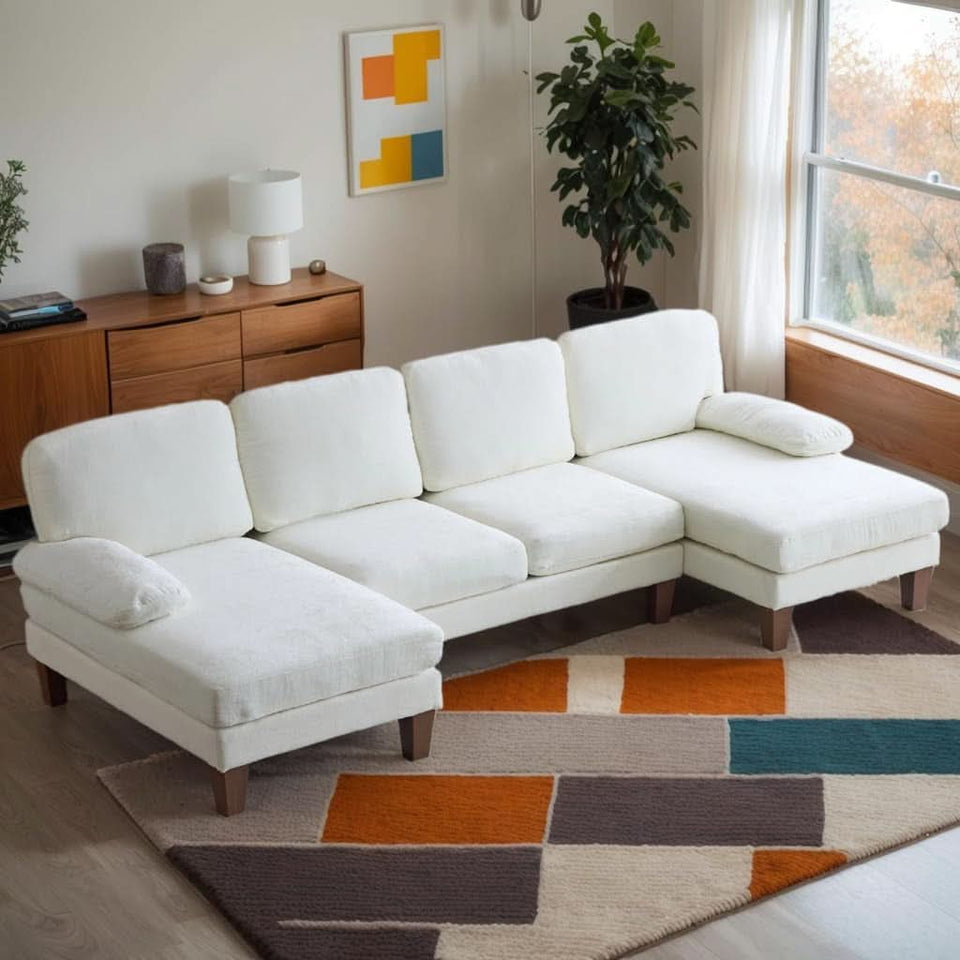 U Shape Sectional Sofa 111 Inch Beige Chenille Convertible