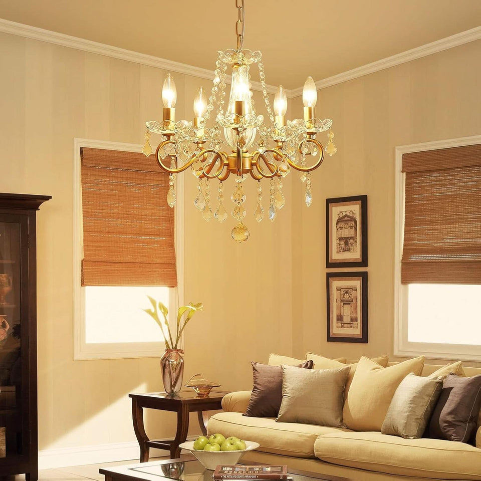 Gold Mini Crystal Chandelier With Five Bulbs Living Room