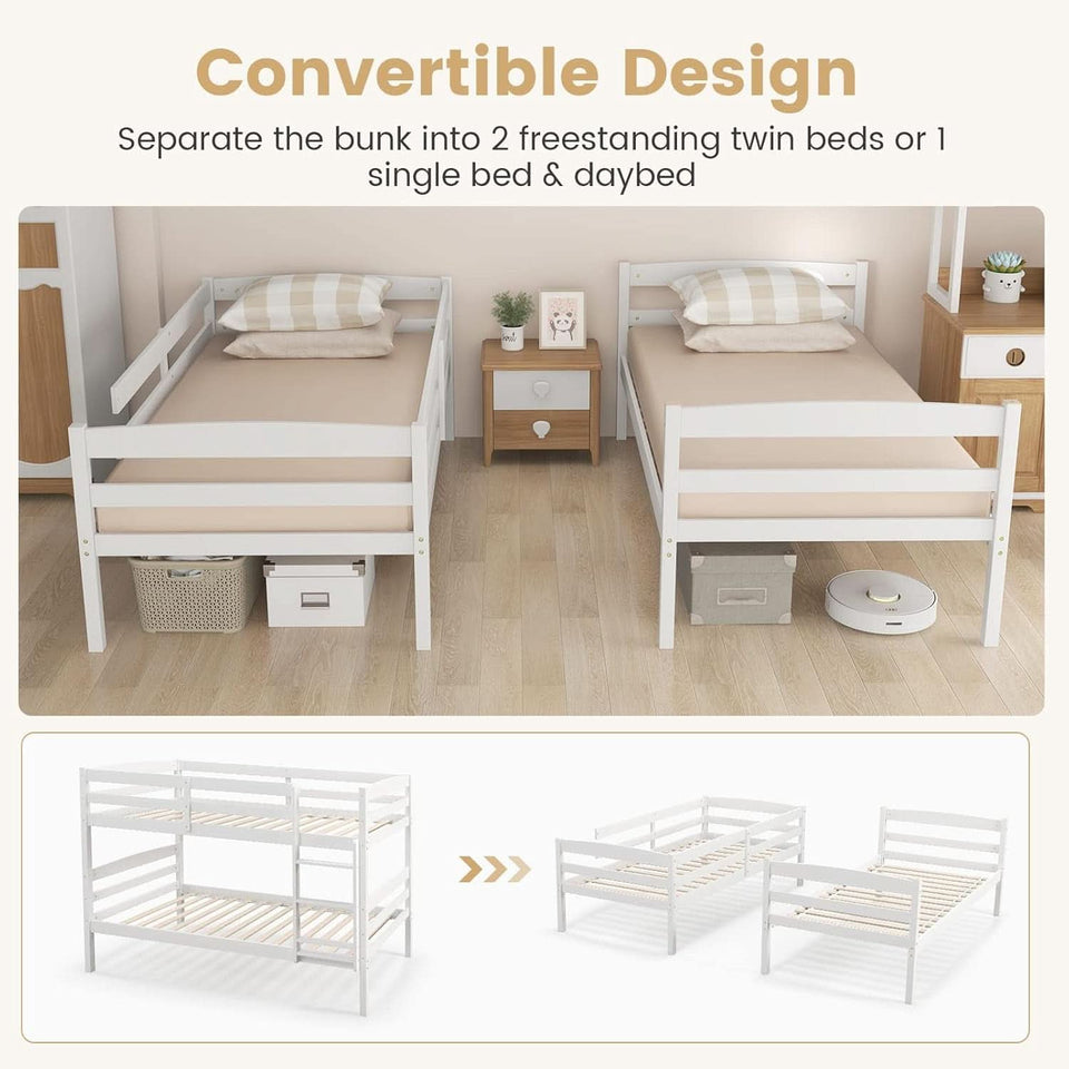 White Twin Over Twin Bunk Bed With Integrated Ladder