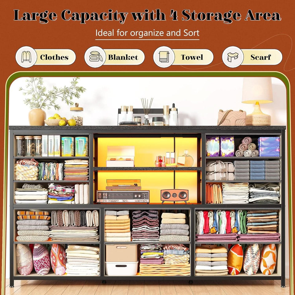 12 Drawer Long Dresser With LED Lights And Built In Power Outlet For Bedroom Storage