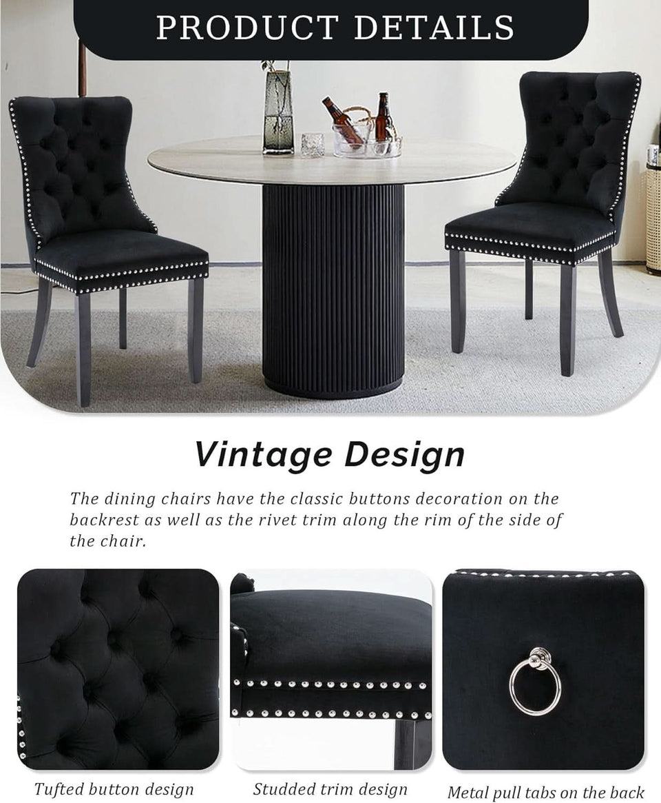 Black Velvet Tufted Dining Chairs With Nailhead Trim Set of 2