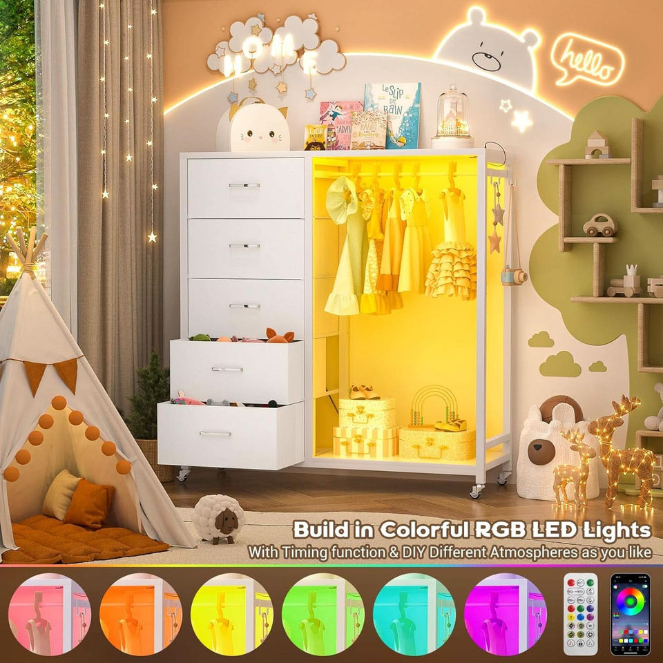 White Dresser With Rack And Charging Station Five Drawers