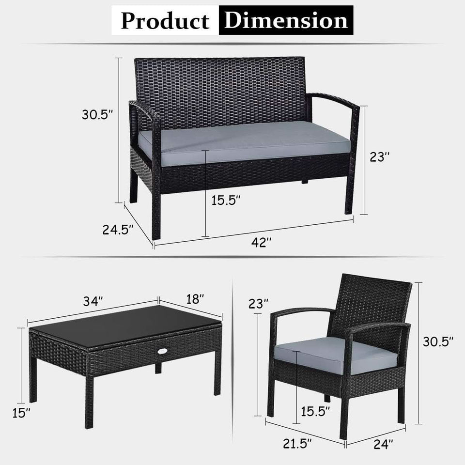 4 Piece Patio Rattan Furniture Set With Glass Coffee Table