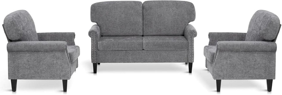 3 Piece Living Room Furniture Set Grey Linen Fabric Loveseat And Two Accent Chairs