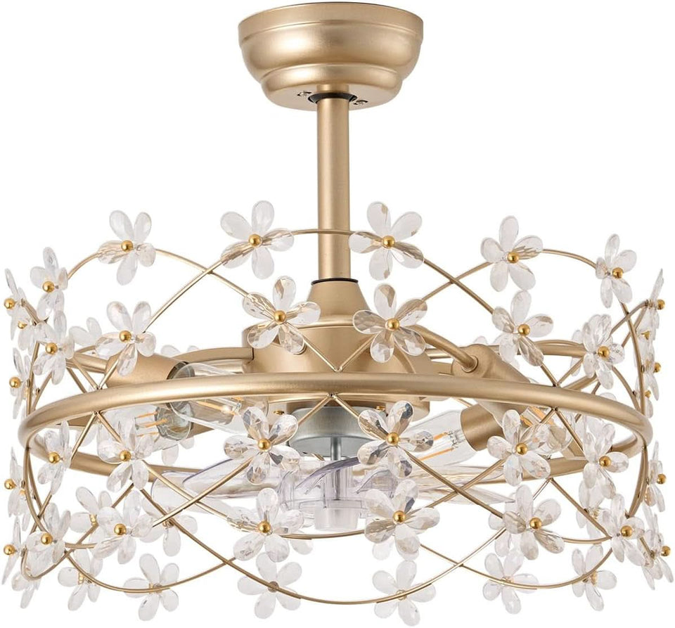 20 Inch Gold Caged Ceiling Fan With Light Remote Control 6 Speed Flower Chandelier Fandelier For Girls Bedroom