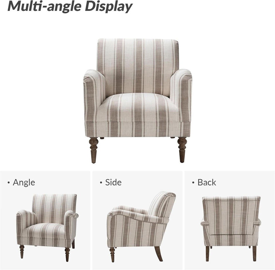 Tan Stripe Accent Chair With Wooden Legs For Living Room