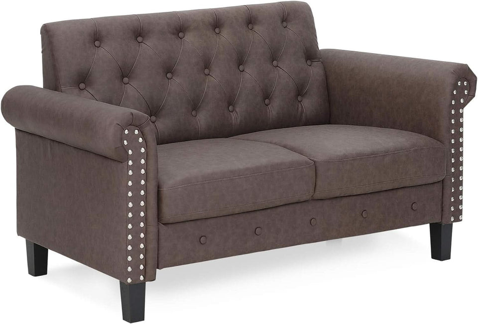 Two Seater Tufted Black Faux Leather Loveseat for Living Room