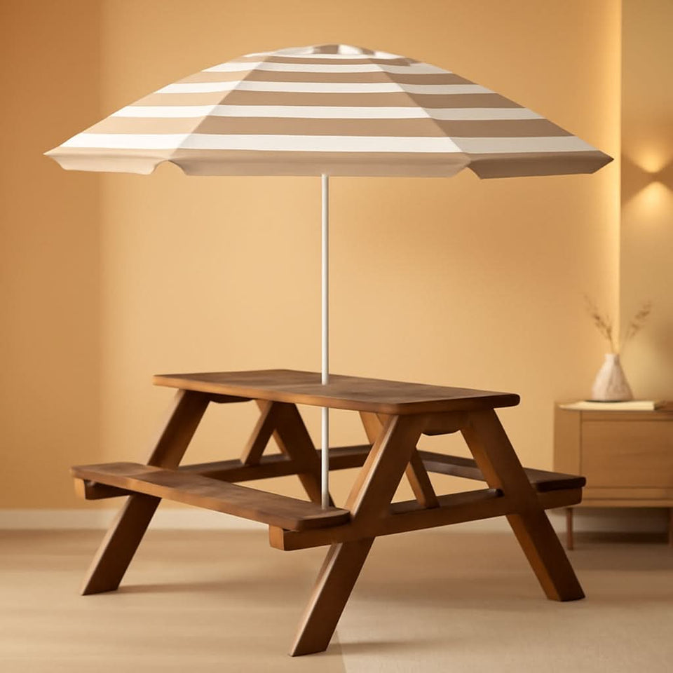 Walnut Wooden Kids Picnic Table With Adjustable Umbrella