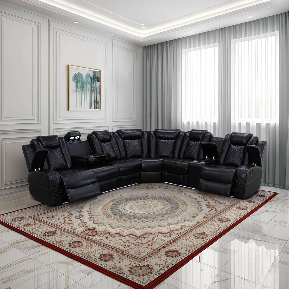Power Recliner Sectional Sofa Black With LED Lights
