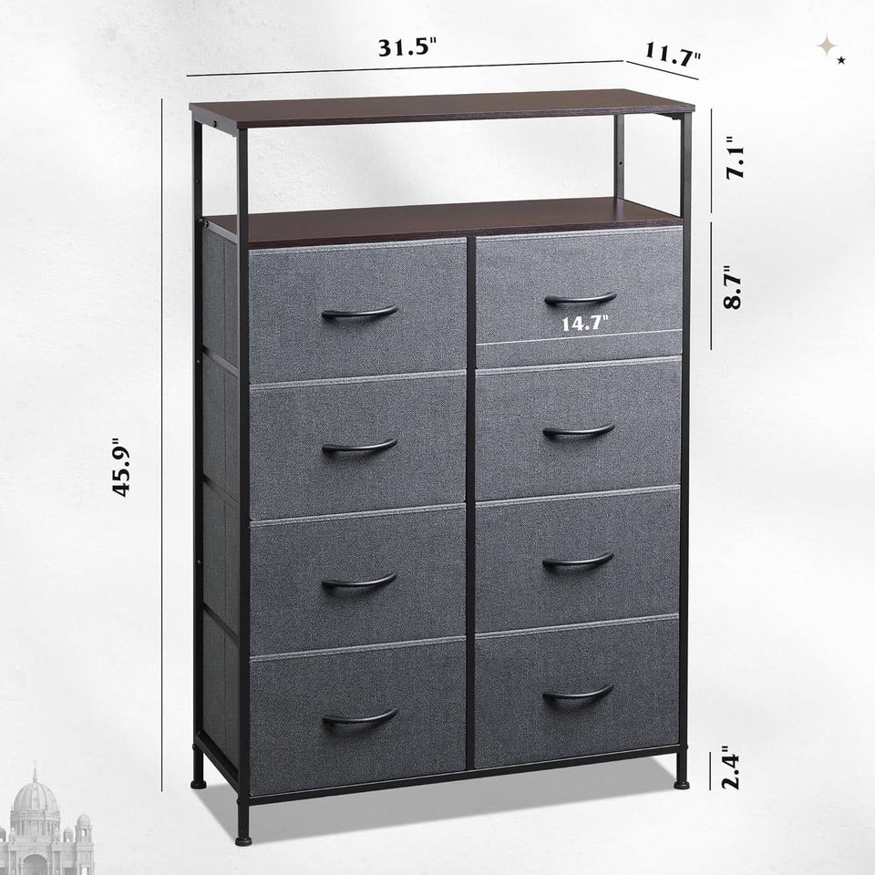 Charcoal Gray Fabric Dresser With Shelves And 8 Drawers
