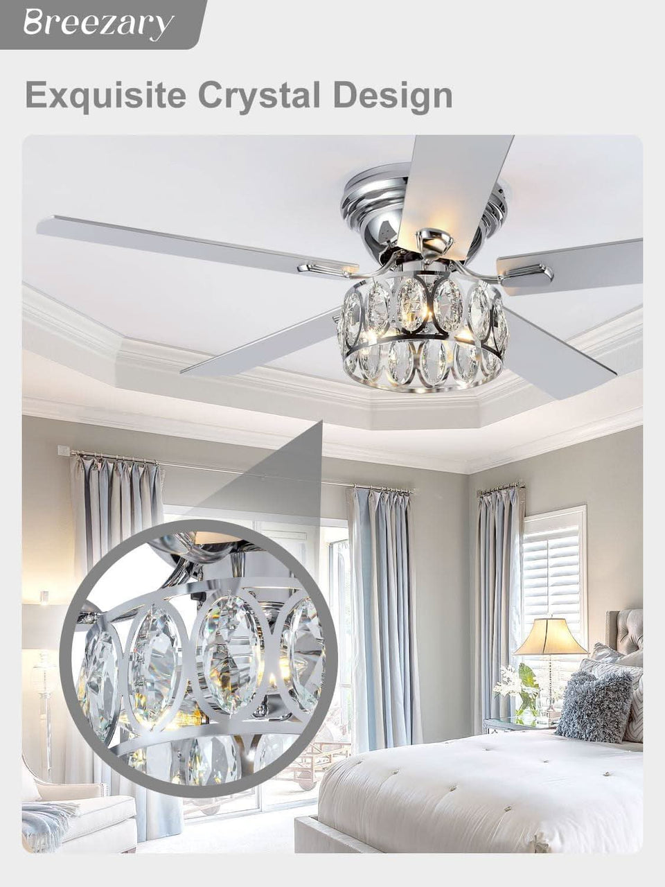 52 Inch Flush Mount Ceiling Fan With Remote LED Crystal Lighting