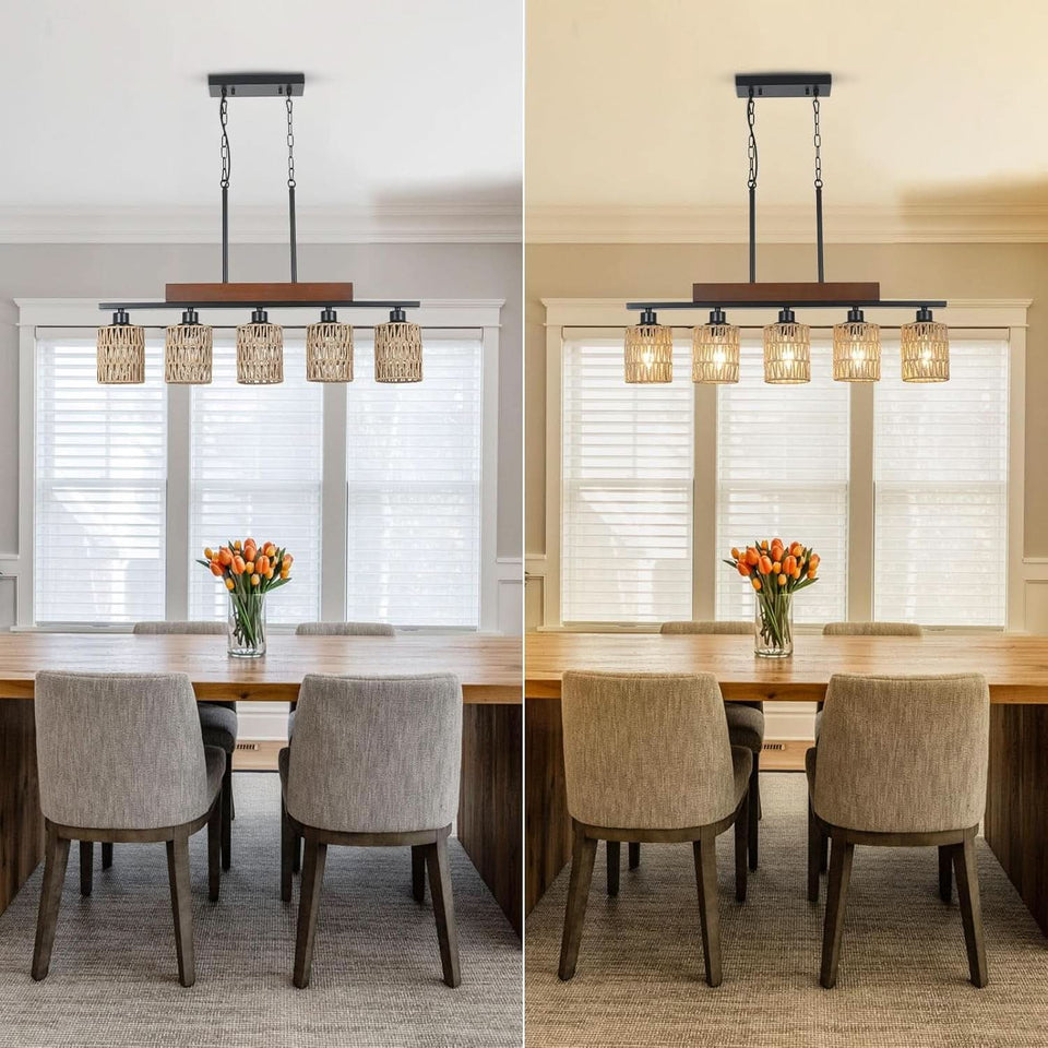 Rattan Farmhouse 5 Light Linear Chandelier Black Lighting