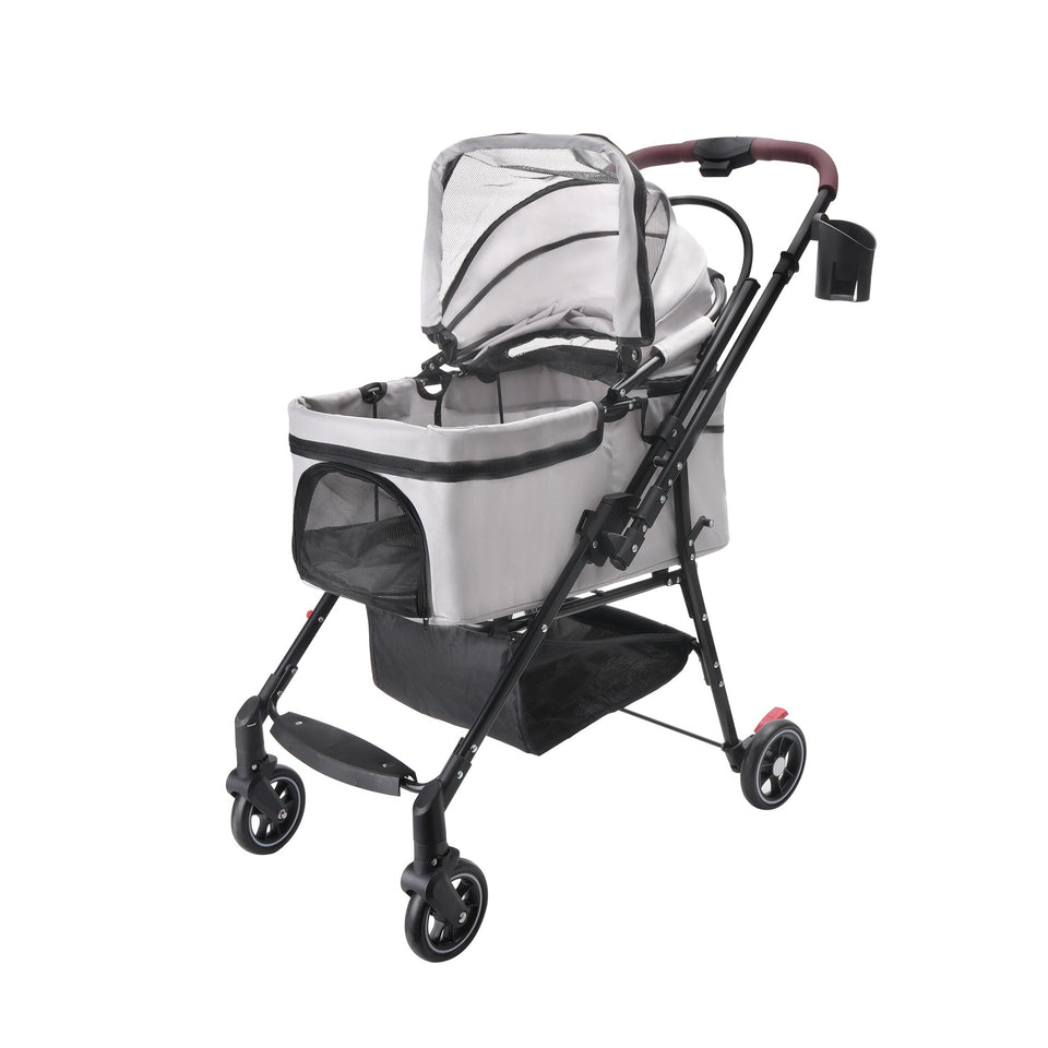Foldable 4-Wheel Pet Stroller with Adjustable Canopy - Grey