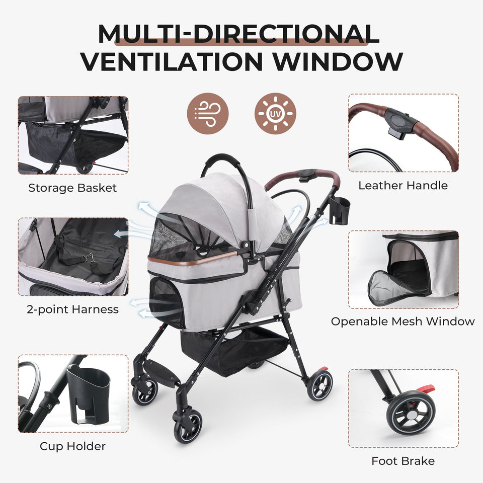 Foldable 4-Wheel Pet Stroller with Adjustable Canopy - Grey