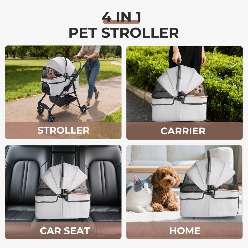 Foldable 4-Wheel Pet Stroller with Adjustable Canopy - Grey