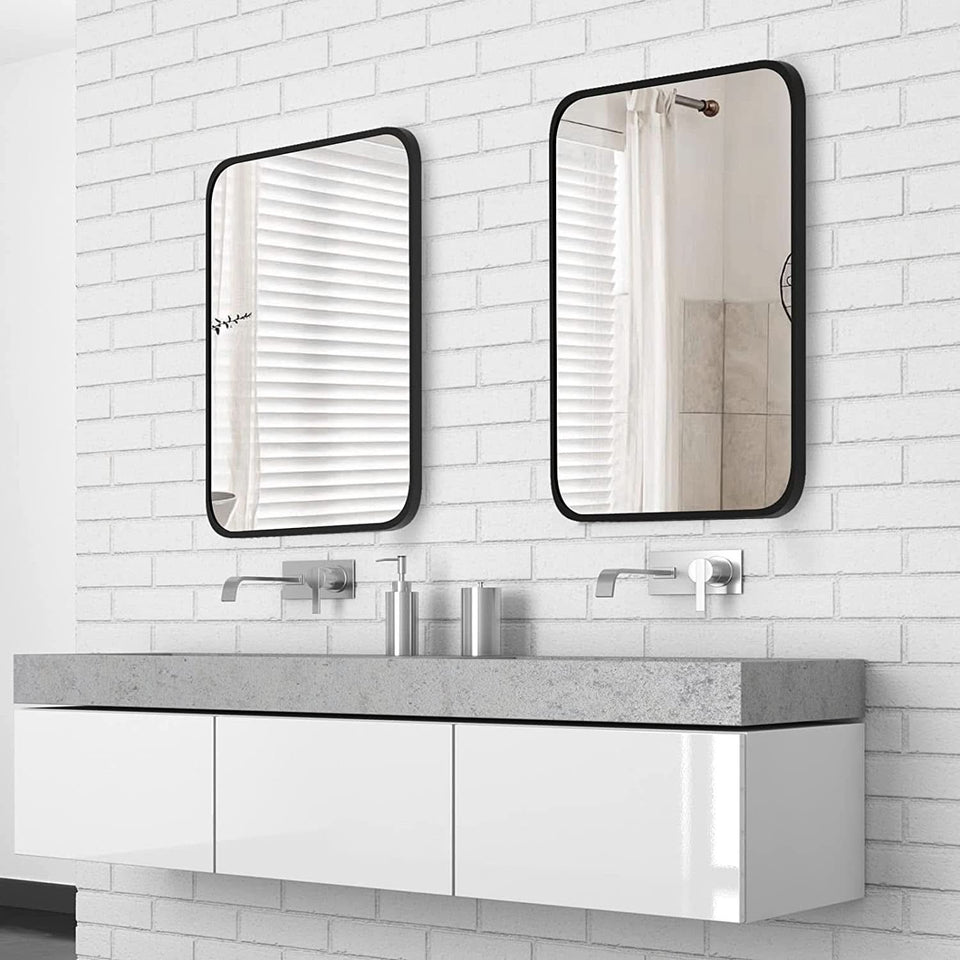 Black Metal Framed Bathroom Wall Mirror With Thin Frame