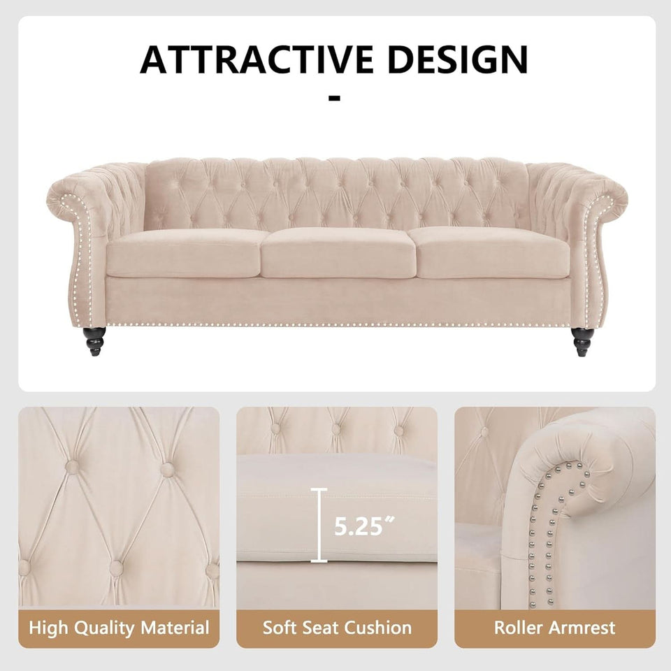 Beige Velvet 3 Piece Living Room Set With Chesterfield Sectional Sofa And Loveseat