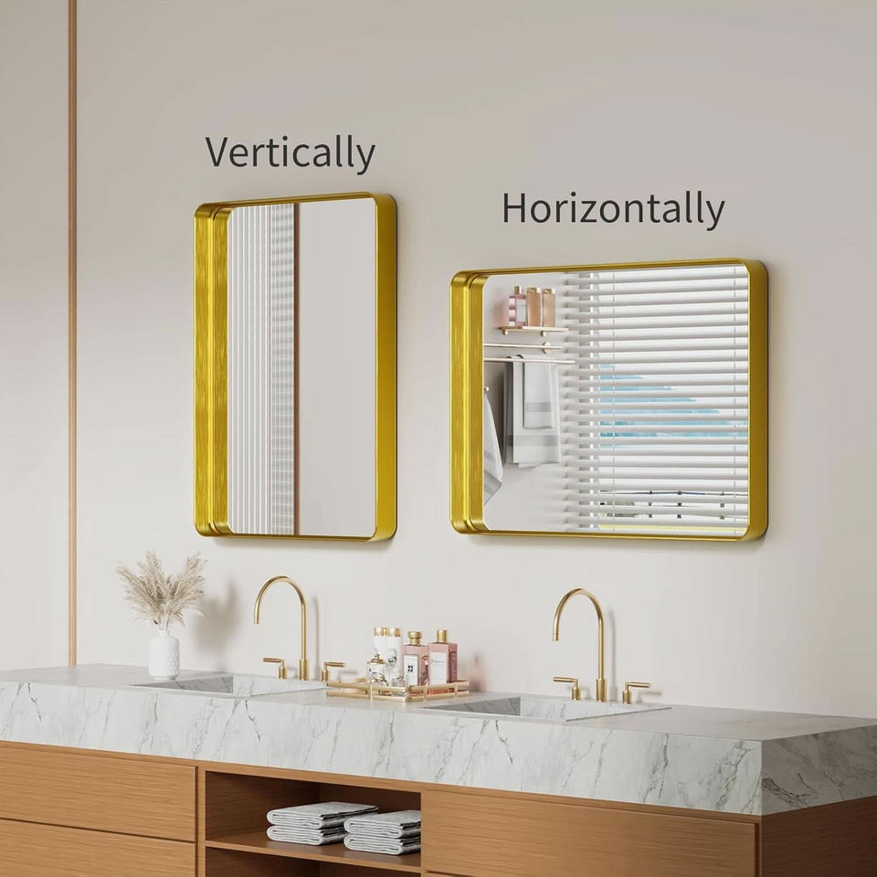 Bathroom Mirror 22x30 Inch Wall Mounted Gold Frame Tempered