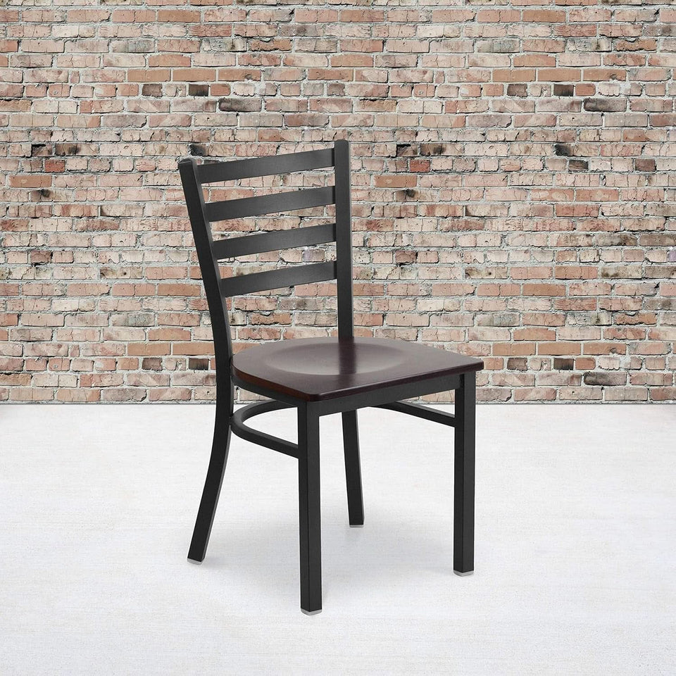 Two Pack Hercules Series Black Ladder Back Metal Restaurant Chairs With Walnut Wood Seats