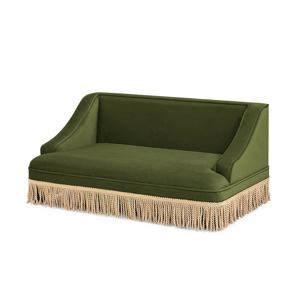 Olive Green Velvet Princess Pet Bed Sofa with Fringe Skirt - Medium