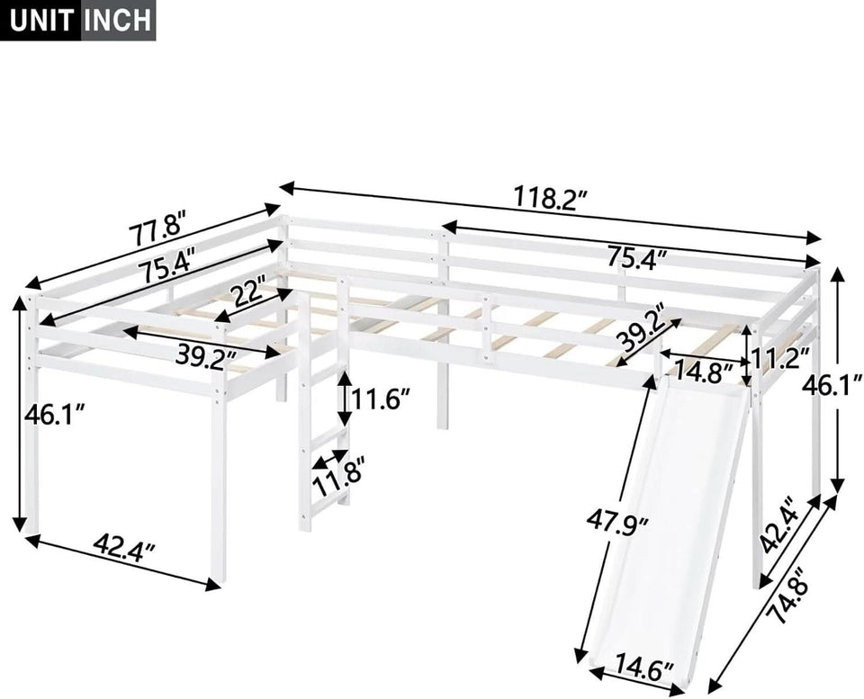 Wooden Twin Loft Bed With Slide And Ladder White For Kids Teens