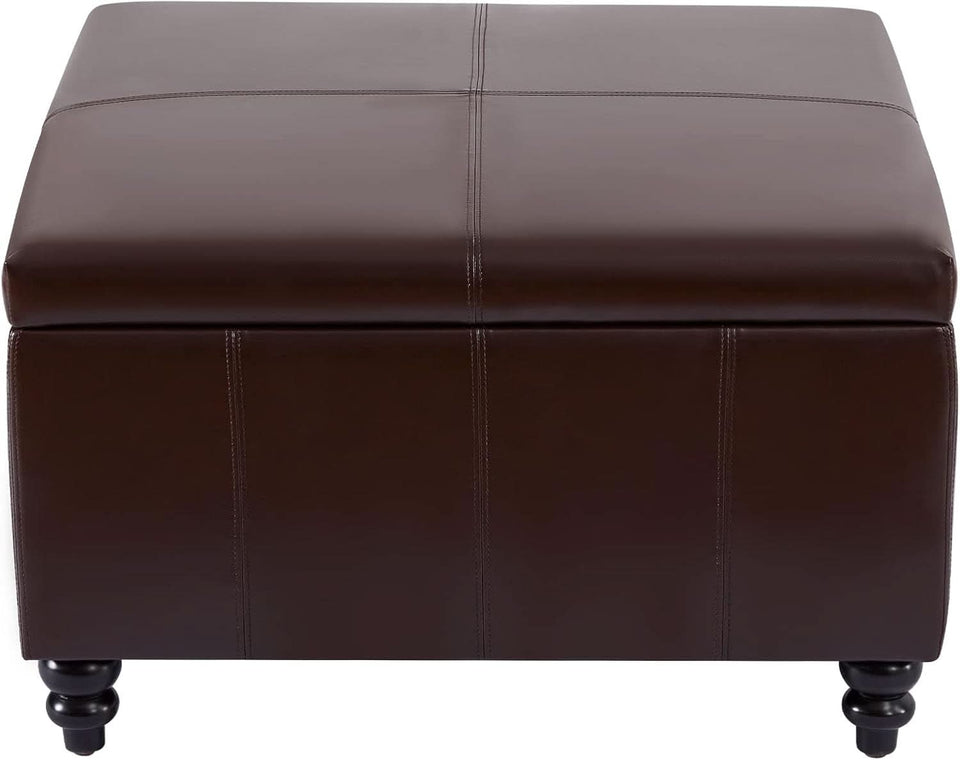 Square Leather Storage Ottoman 30-Inch Brown Durable