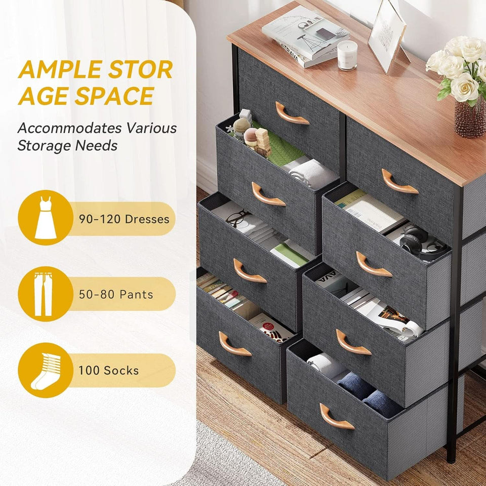 Fabric Dresser With 8 Drawers And Wooden Top For Bedroom